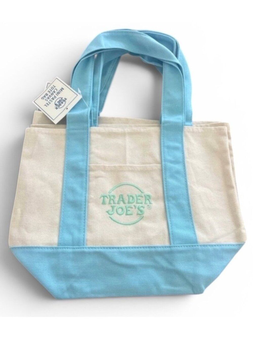 Trader Joes Mini Tote Bag Baby Blue Canvas Pastel Pocket Cotton Embroidered NWT